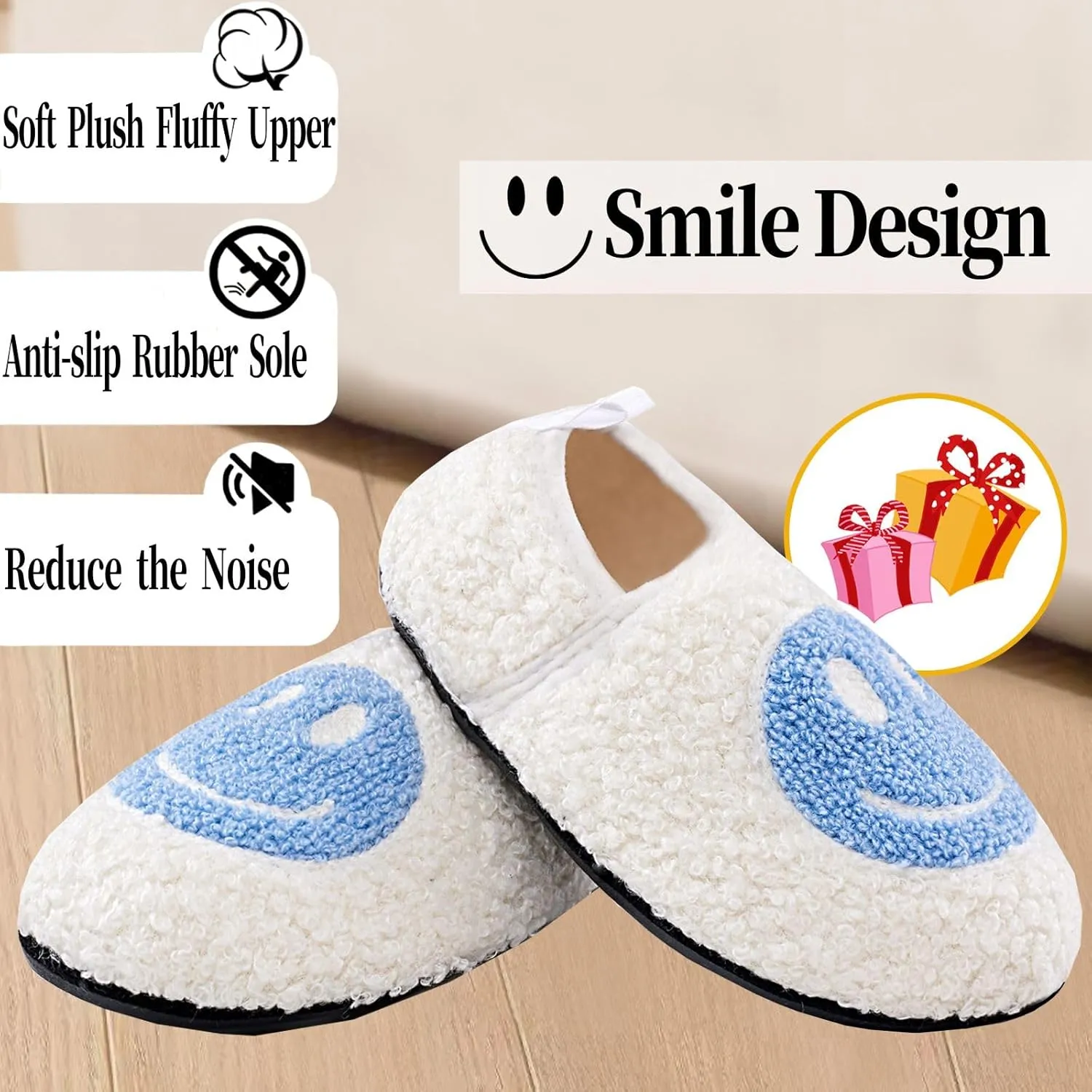 Smile Face Slippers Soft Plush Happy Face Home Slippers Closed Back with Memory Foam Non-slip Rubber Sole House Shoes Cute Indoor Slippers for Women Man