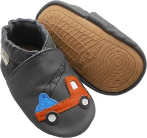 Soft Leather Slippers Baby Moccasins with Rubber Sole, Anti-Slip Infant Toddler First Walking Shoes for Boys Girls, 0-24 Months