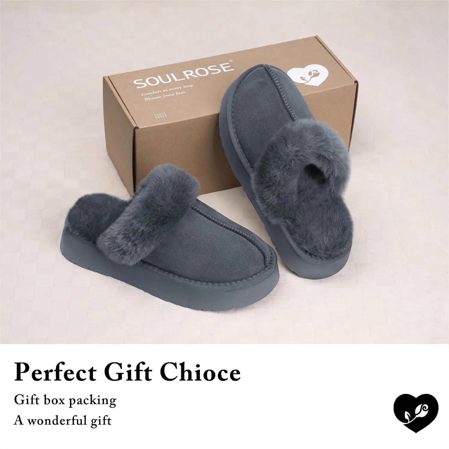 SOULROSE Women's Fuzzy Memory Foam Slippers Disquette Platform Fuzzy Comfy Cozy House Bedroom Indoor Outdoor Slippers Shoes with Non-Slip Sole Womens Gift Slippers