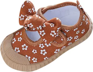 Spring and Summer Girls Casual Shoes Flower Bow Soft Bottom Comfortable and Breathable Big Girl (Brown, 2-2.5Years)