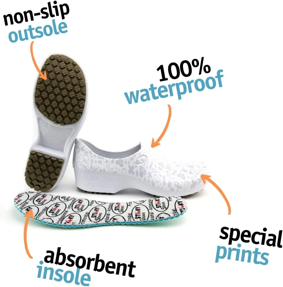 Sticky Printed Colorful Nursing Shoes - Professional Shoes for Women - Nurses Vets CNA LPN RN - Waterproof Non Slip - Comfortable Cleanable Clogs - White