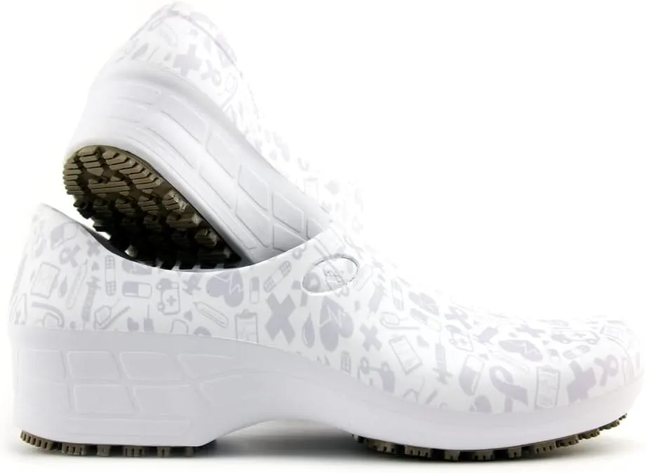 Sticky Printed Colorful Nursing Shoes - Professional Shoes for Women - Nurses Vets CNA LPN RN - Waterproof Non Slip - Comfortable Cleanable Clogs - White