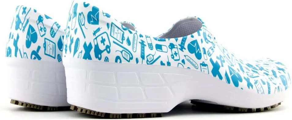 Sticky Printed Colorful Nursing Shoes - Professional Shoes for Women - Nurses Vets CNA LPN RN - Waterproof Non Slip - Comfortable Cleanable Clogs - White