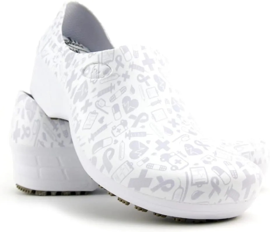 Sticky Printed Colorful Nursing Shoes - Professional Shoes for Women - Nurses Vets CNA LPN RN - Waterproof Non Slip - Comfortable Cleanable Clogs - White