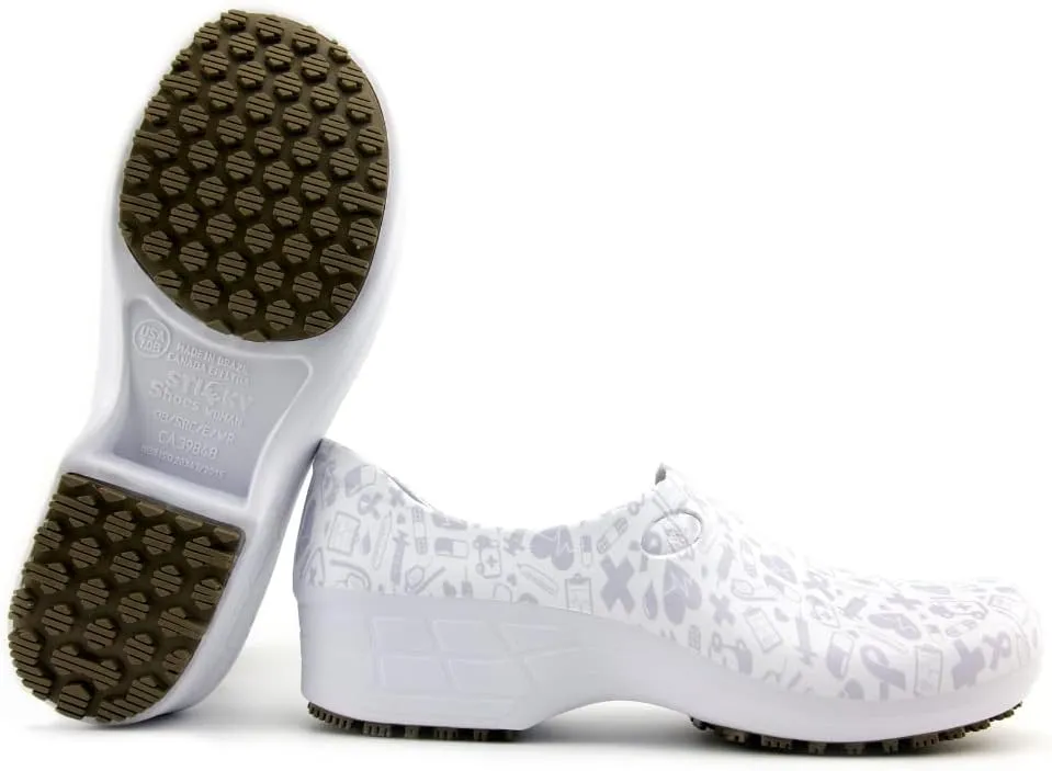 Sticky Printed Colorful Nursing Shoes - Professional Shoes for Women - Nurses Vets CNA LPN RN - Waterproof Non Slip - Comfortable Cleanable Clogs - White