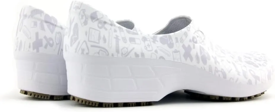 Sticky Printed Colorful Nursing Shoes - Professional Shoes for Women - Nurses Vets CNA LPN RN - Waterproof Non Slip - Comfortable Cleanable Clogs - White