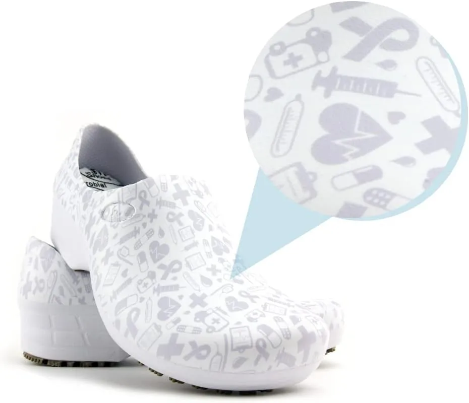 Sticky Printed Colorful Nursing Shoes - Professional Shoes for Women - Nurses Vets CNA LPN RN - Waterproof Non Slip - Comfortable Cleanable Clogs - White