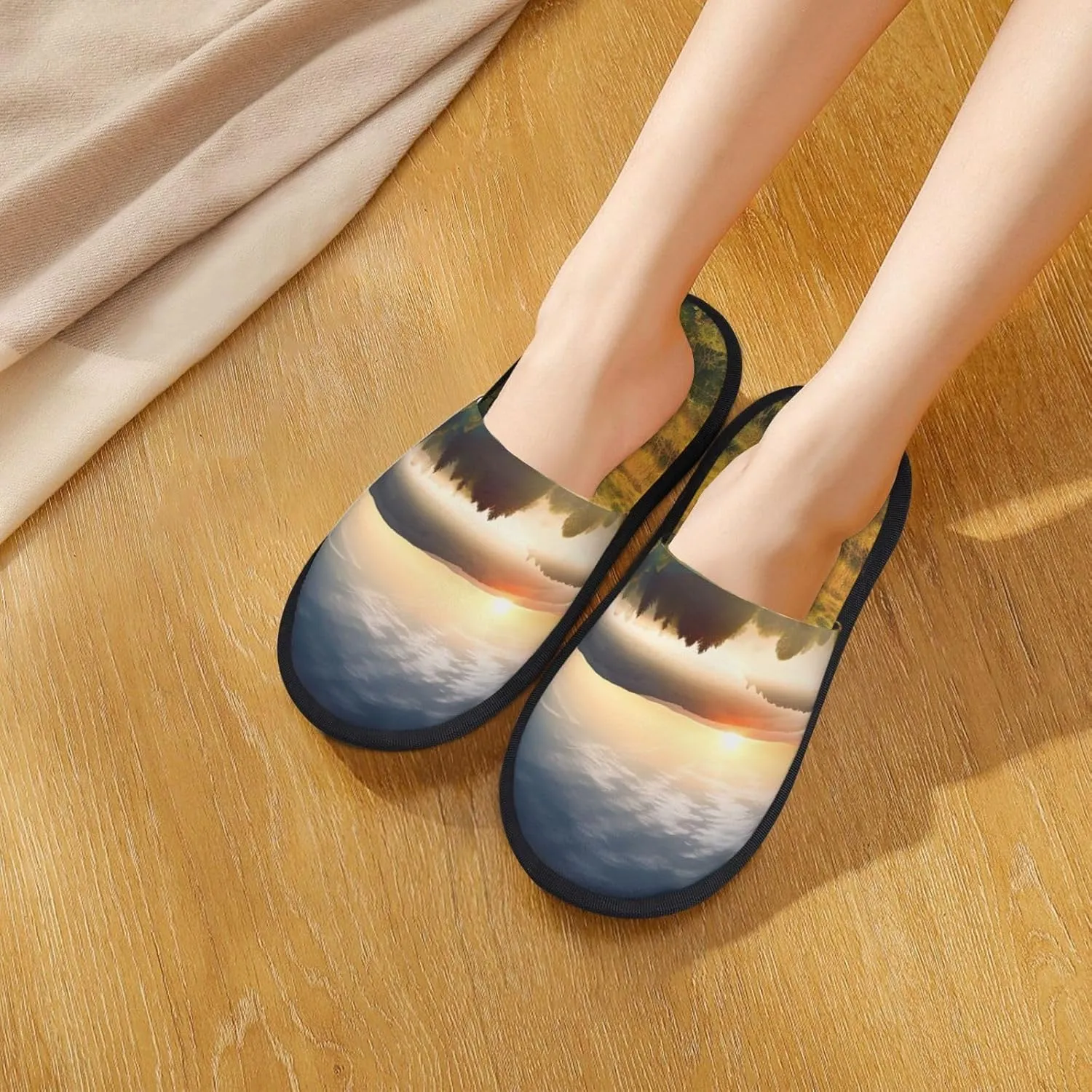 Sunrise Nature Scenery Furry House Slippers for Women Men Soft Fuzzy Slippers Indoor Casual Plush House Shoes