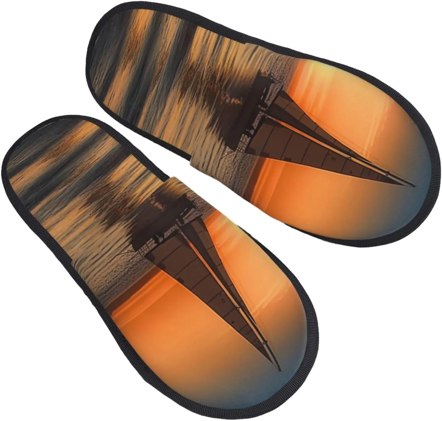 Sunset Beach Sailboat Furry House Slippers for Women Men Soft Fuzzy Slippers Indoor Casual Plush House Shoes Large
