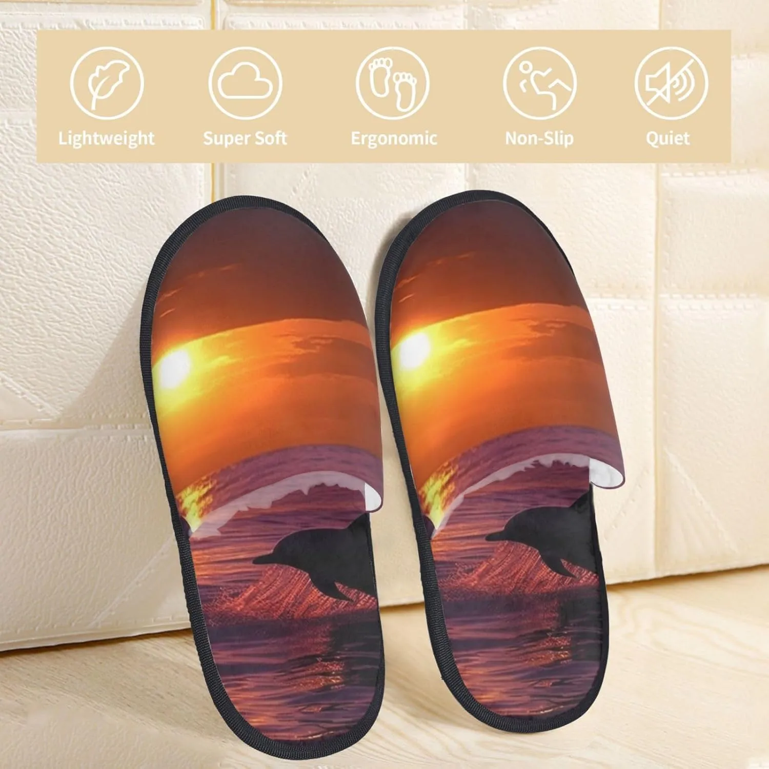 Sunset dolphins Furry House Slippers for Women Men Soft Fuzzy Slippers Indoor Casual Plush House Shoes