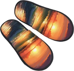 Sunset Seaside Furry House Slippers for Women Men Soft Fuzzy Slippers Indoor Casual Plush House Shoes