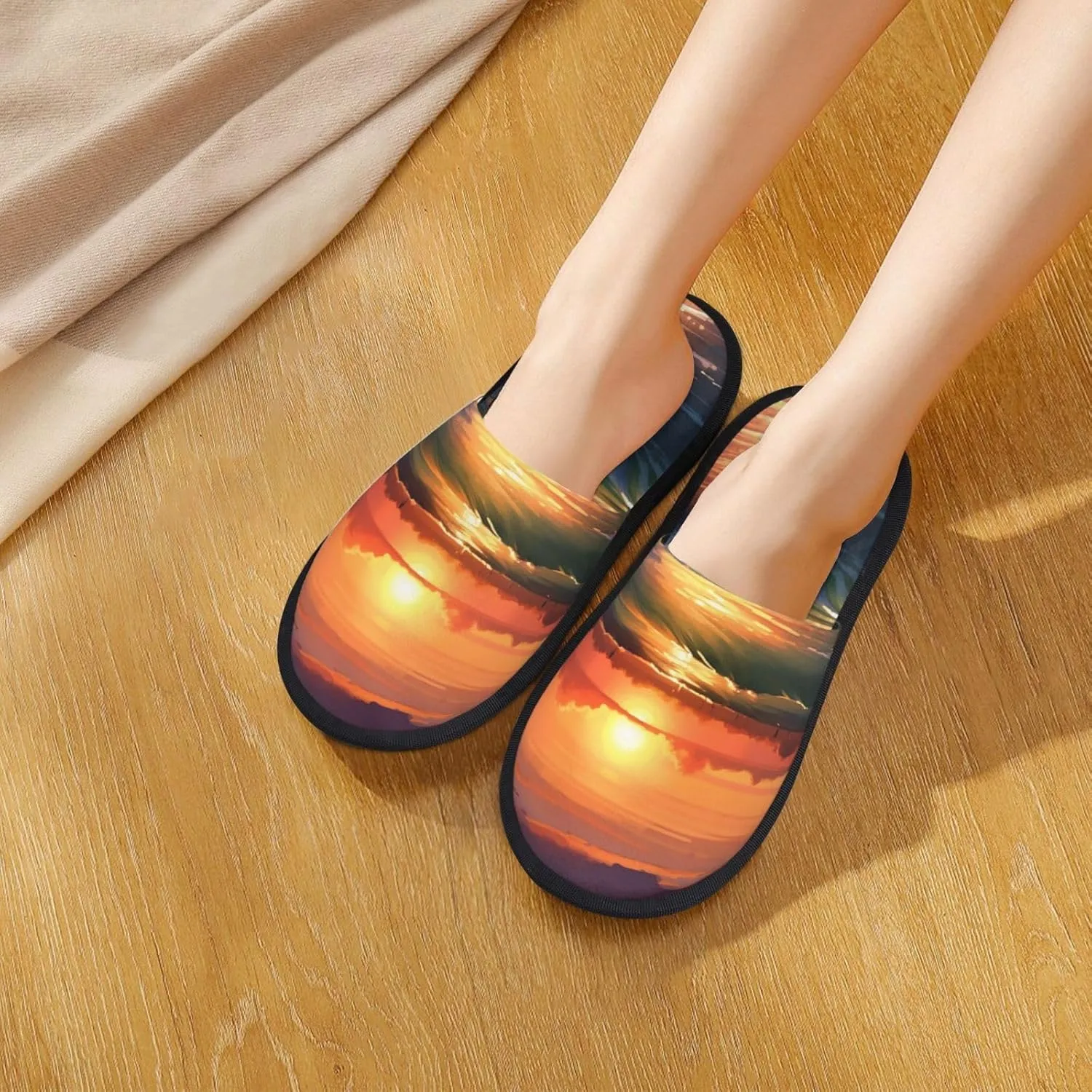 Sunset Seaside Furry House Slippers for Women Men Soft Fuzzy Slippers Indoor Casual Plush House Shoes