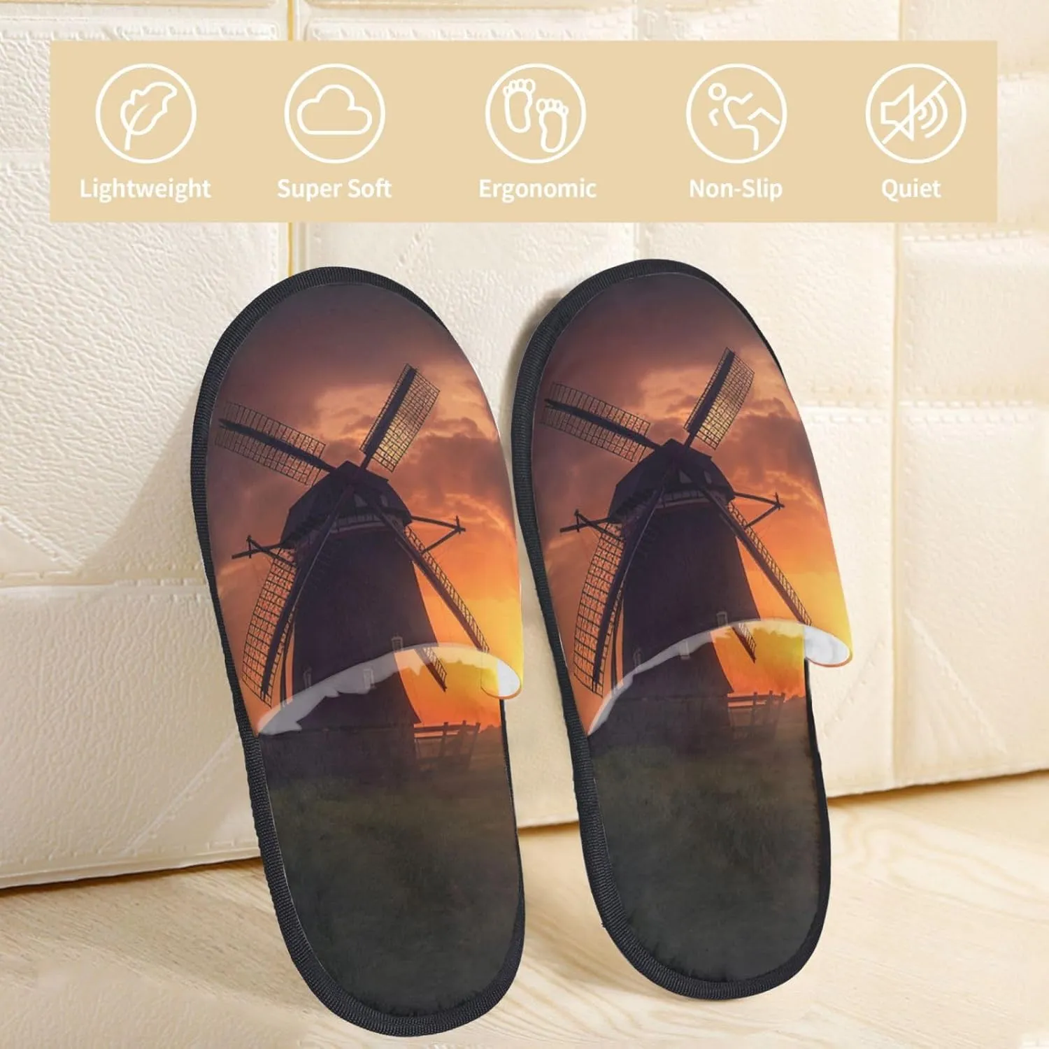 Sunset Windmill Furry House Slippers for Women Men Soft Fuzzy Slippers Indoor Casual Plush House Shoes