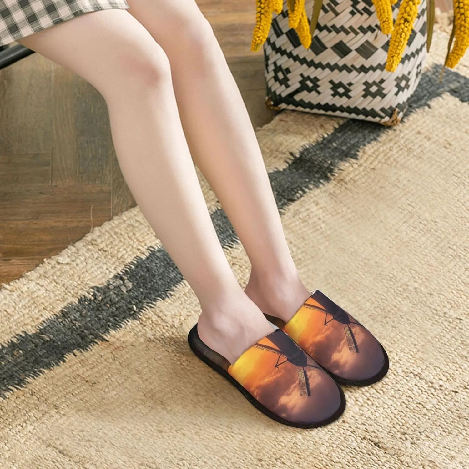 Sunset Windmill Furry House Slippers for Women Men Soft Fuzzy Slippers Indoor Casual Plush House Shoes