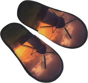 Sunset Windmill Furry House Slippers for Women Men Soft Fuzzy Slippers Indoor Casual Plush House Shoes