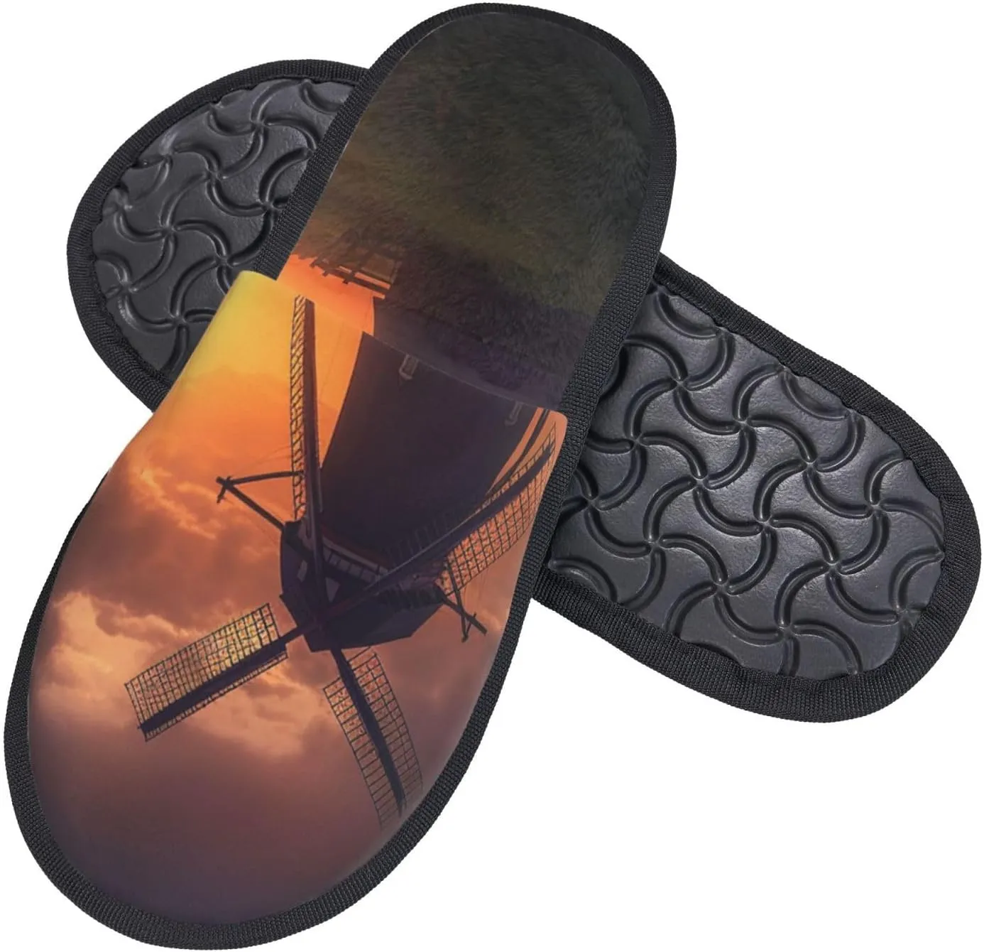 Sunset Windmill Furry House Slippers for Women Men Soft Fuzzy Slippers Indoor Casual Plush House Shoes