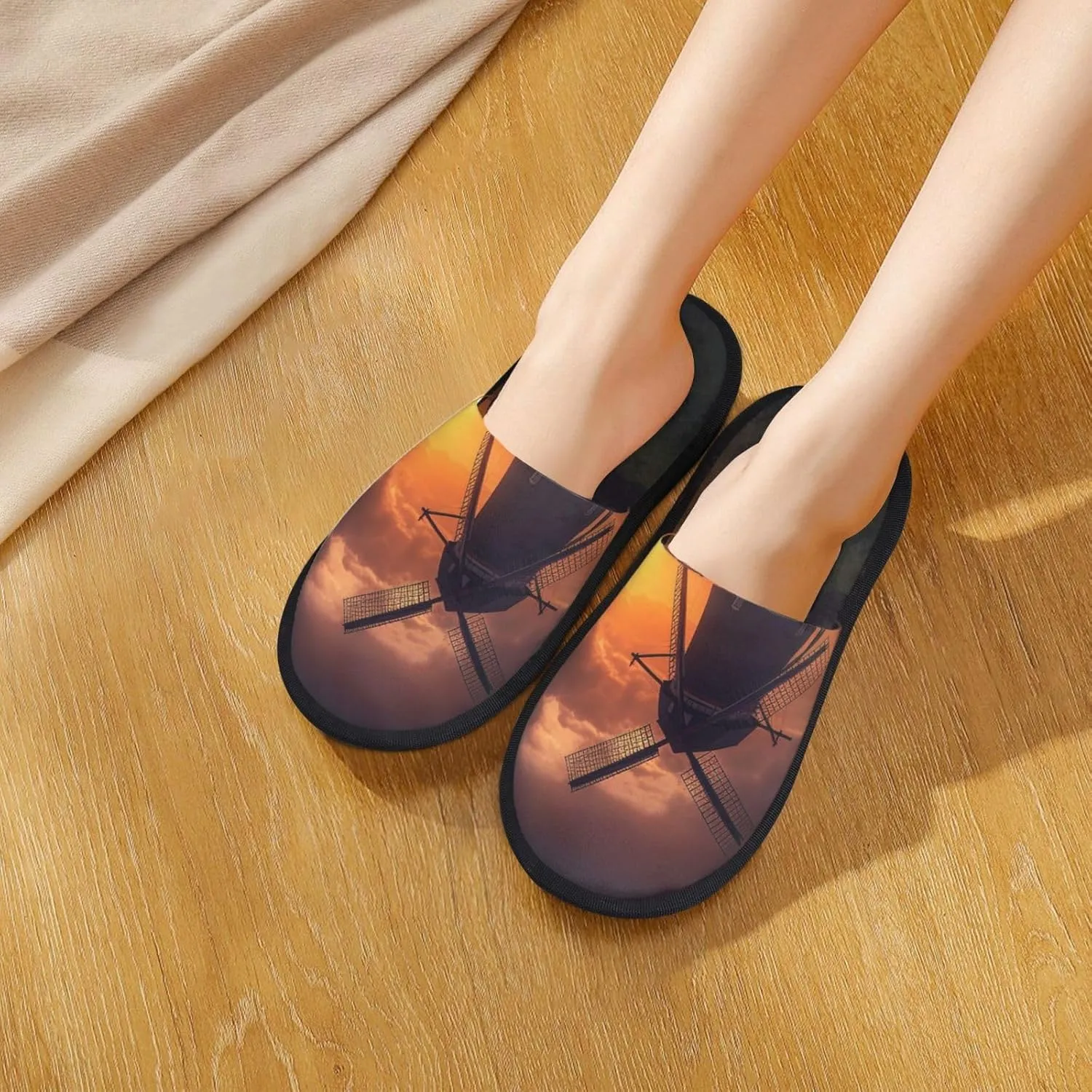 Sunset Windmill Furry House Slippers for Women Men Soft Fuzzy Slippers Indoor Casual Plush House Shoes