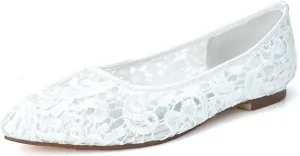 TarfiC Ivory Lace Mesh Satin Bridal Wedding Shoes for Women Comfortable Flats Dressy Pointy Toe Pumps