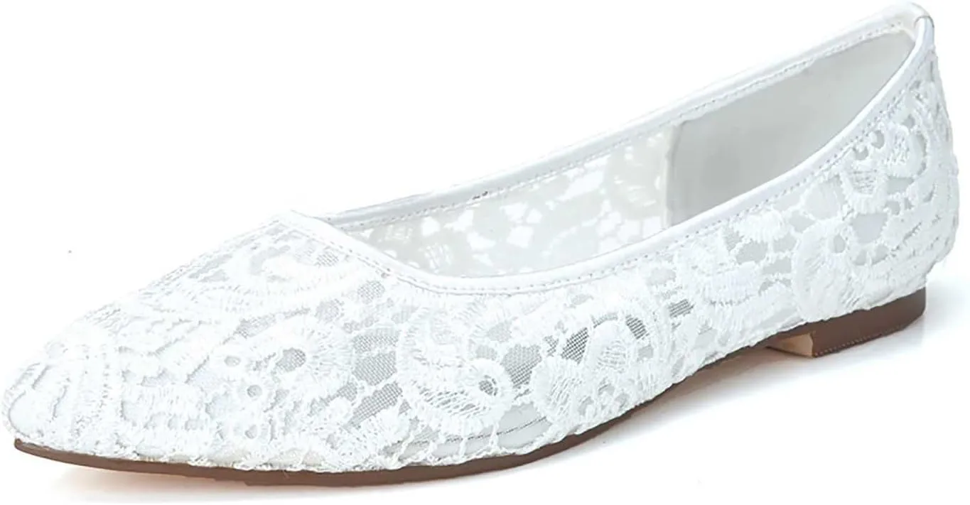 TarfiC Ivory Lace Mesh Satin Bridal Wedding Shoes for Women Comfortable Flats Dressy Pointy Toe Pumps