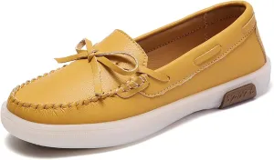TAYGUM Nurse Shoes for Women Vegan Leather Deck Shoes Lace Up 1-Eye Stitching Details Comfort Lightweight Resistant Casual Slip On(Yellow,38)