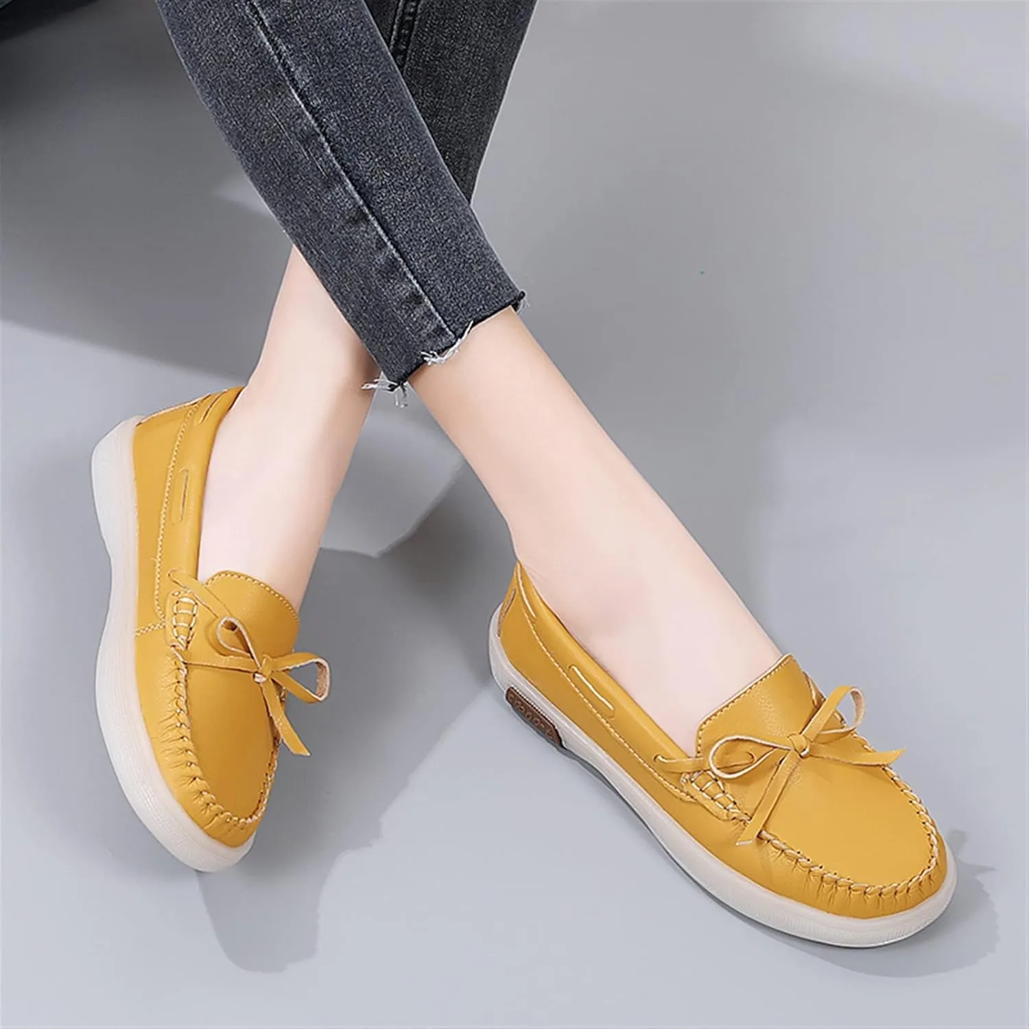 TAYGUM Nurse Shoes for Women Vegan Leather Deck Shoes Lace Up 1-Eye Stitching Details Comfort Lightweight Resistant Casual Slip On(Yellow,38)