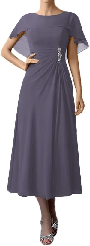 Tea Length Mother of The Bride Dresses Chiffon Evening Formal Dress Cloak Women's