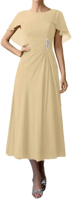 Tea Length Mother of The Bride Dresses Chiffon Evening Formal Dress Cloak Women's