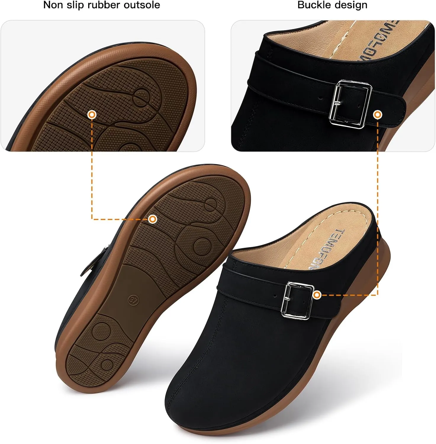 TEMOFON Clogs for Women Slip on Mules: Walking Comfortable, Non Slip, Closed Toe Sandals, Casual Summer Shoes Black Navy Brown Size 5-11