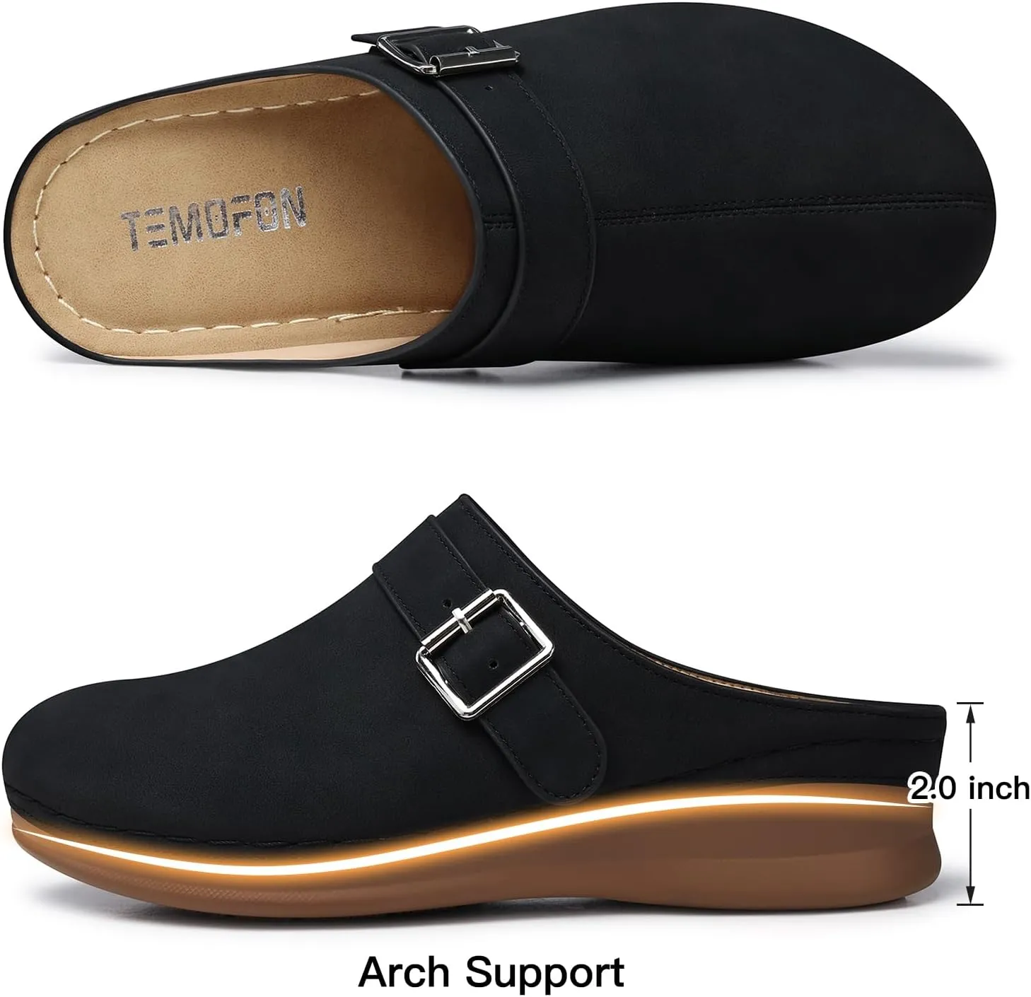 TEMOFON Clogs for Women Slip on Mules: Walking Comfortable, Non Slip, Closed Toe Sandals, Casual Summer Shoes Black Navy Brown Size 5-11