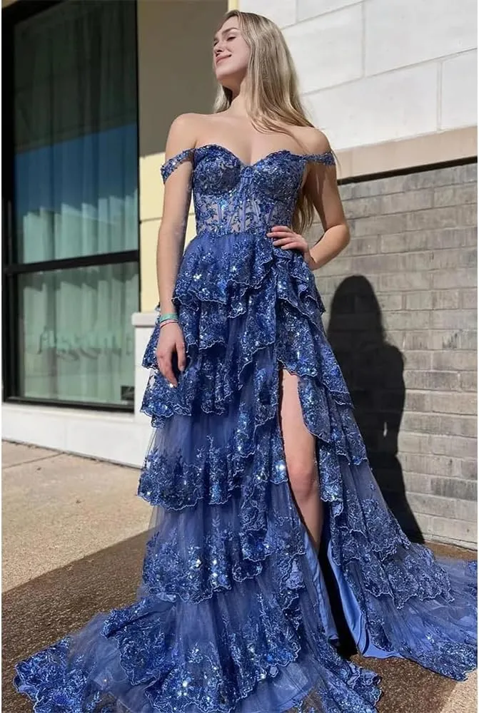 Tiered Prom Dress Floor Length Off Shoulder Elegant Dresses for Women with Slit