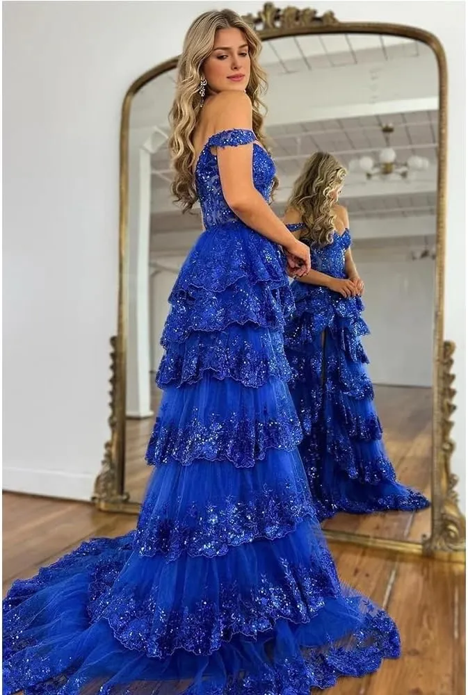 Tiered Prom Dress Floor Length Off Shoulder Elegant Dresses for Women with Slit