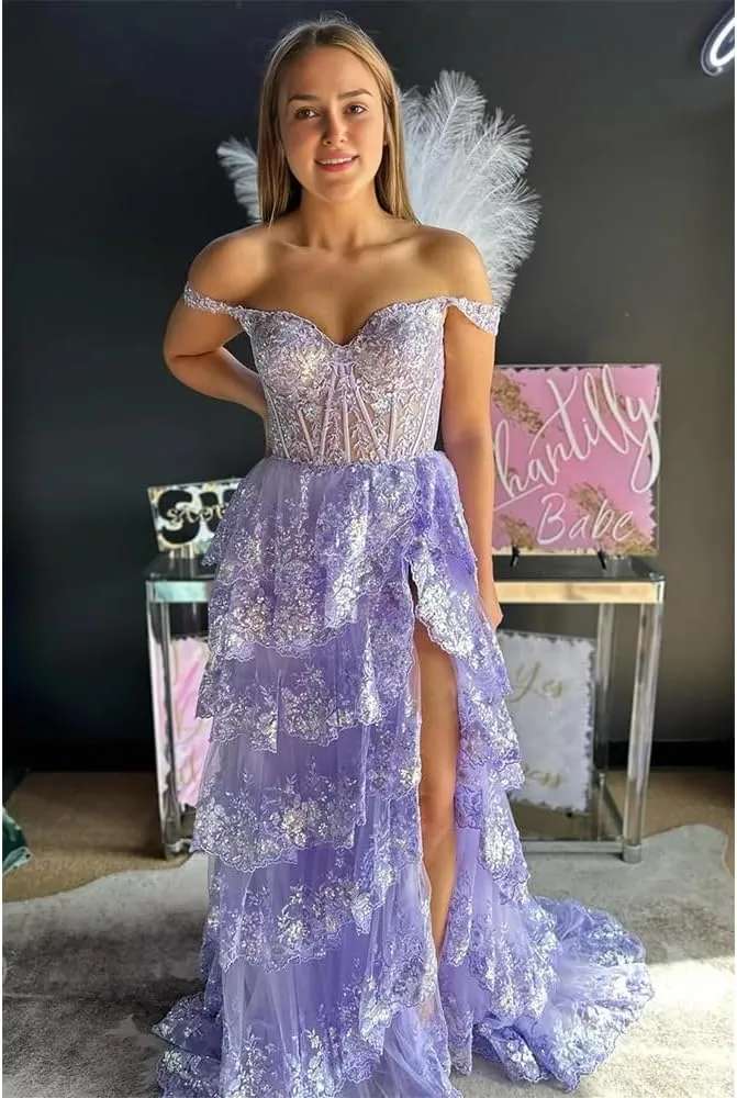 Tiered Prom Dress Floor Length Off Shoulder Elegant Dresses for Women with Slit