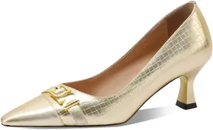 TinaCus Genuine Leather Handmade Buckle Women's Pointed Toe Mid Heels Trendy Pumps Shoes