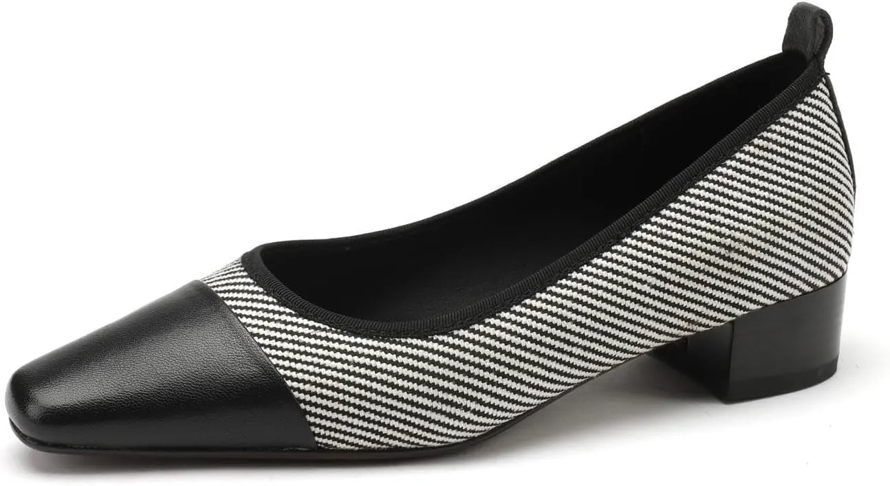 TinaCus Women's Genuine Leather Handmade Splicing Stripy Slip On Square Toe Office Pumps Shoes