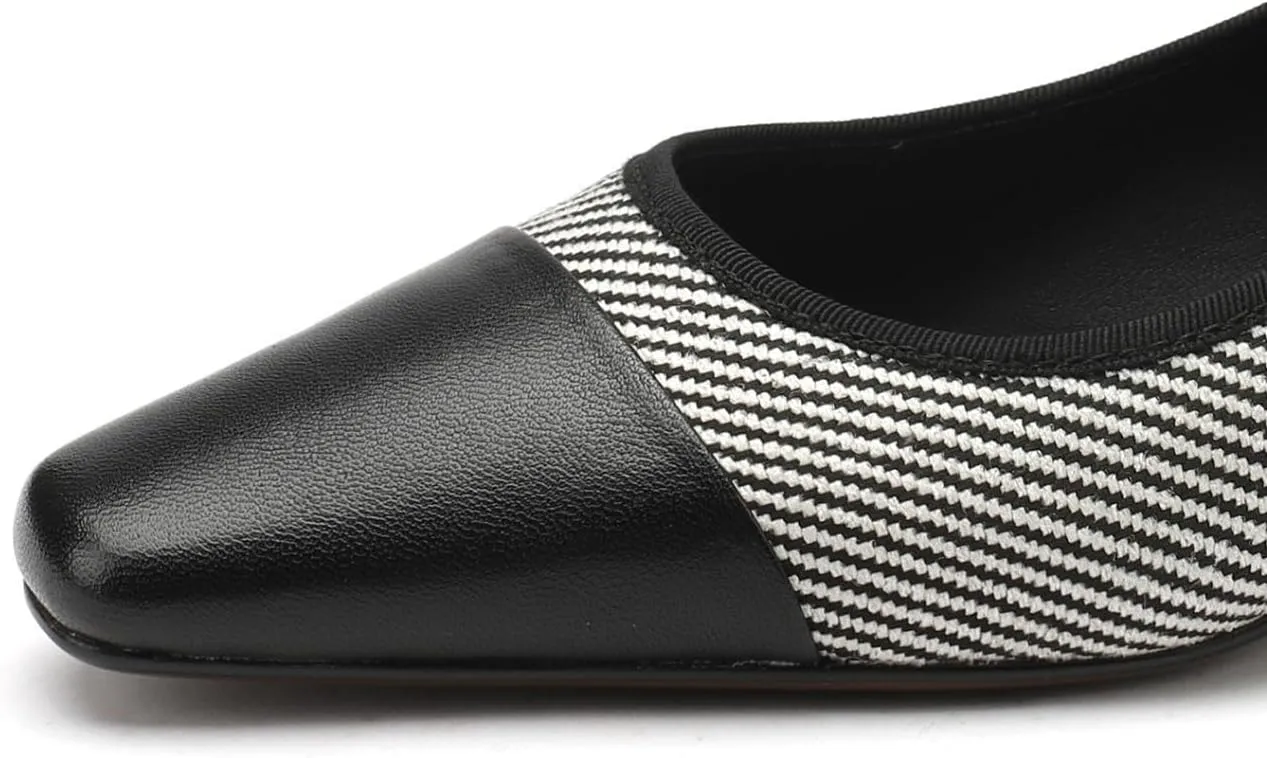TinaCus Women's Genuine Leather Handmade Splicing Stripy Slip On Square Toe Office Pumps Shoes