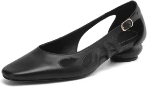 TinaCus Women's Round Toe Genuine Leather Handmade Cone Heels Casual Pumps Shoes with Buckle