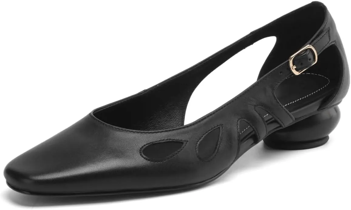 TinaCus Women's Round Toe Genuine Leather Handmade Cone Heels Casual Pumps Shoes with Buckle