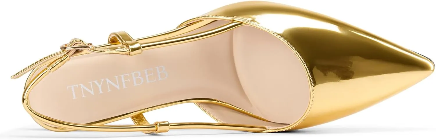 TNYNFBEB Womens Close Pointed Toe Mid Kitten Heel Pumps Shoes Slip-on Slingback Buckle Prom Party Dress Basic Classic Patent Leather 2.6 Inches Heels