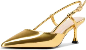 TNYNFBEB Womens Close Pointed Toe Mid Kitten Heel Pumps Shoes Slip-on Slingback Buckle Prom Party Dress Basic Classic Patent Leather 2.6 Inches Heels