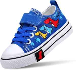 Toddler Boys Girls Slip On Canvas Sneakers Cartoon Dinasour Printed Little Kid Unisex Adjustable Strap Walking Shoes Lazy Shoes with Hook and Loops