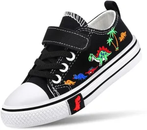 Toddler Boys Girls Slip On Canvas Sneakers Cartoon Dinasour Printed Little Kid Unisex Adjustable Strap Walking Shoes Lazy Shoes with Hook and Loops