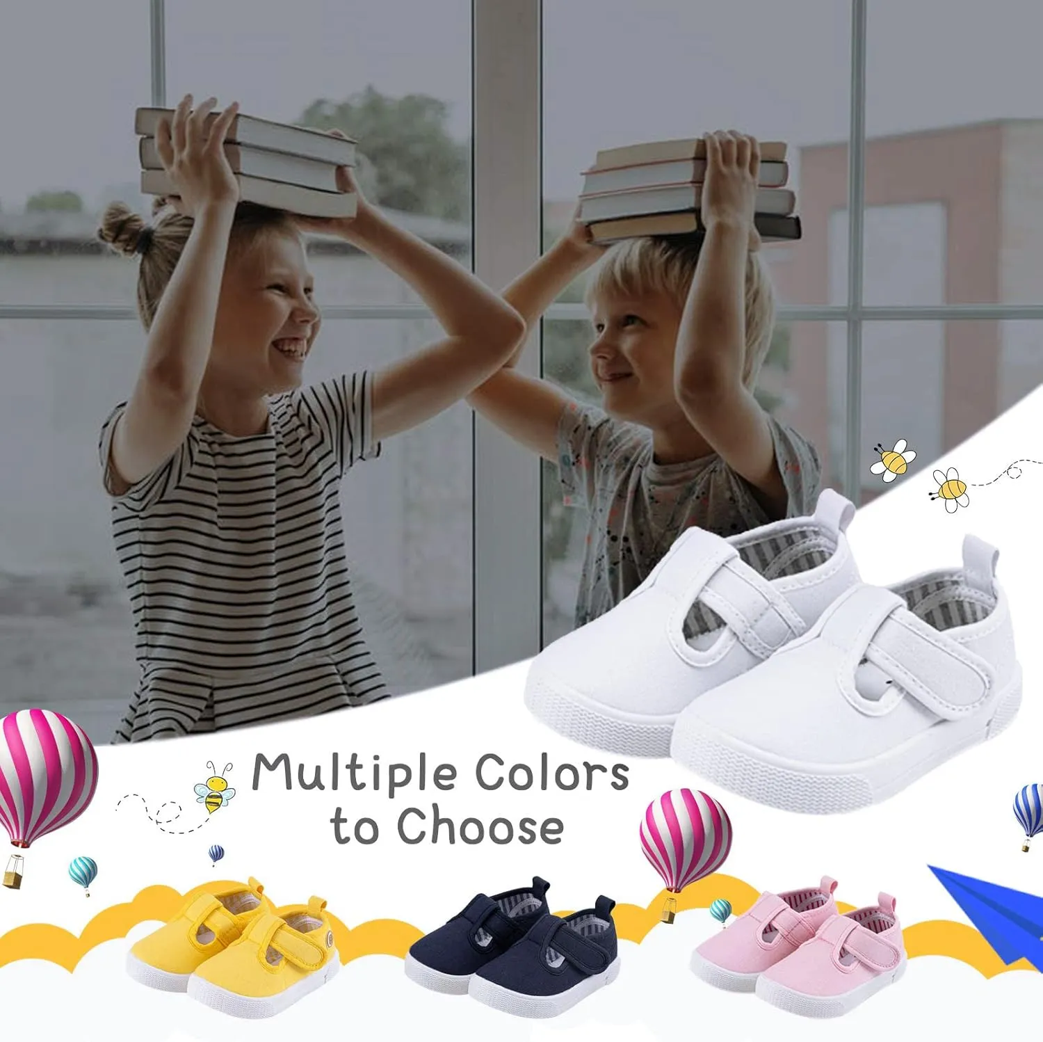 Toddler Boys Girls T-Strap Canvas Sneakers for Little Kids Classical Comfortable Mary Jane Canvas Flats, Non-Slip Casual Canvas Sneaker for Little Kids
