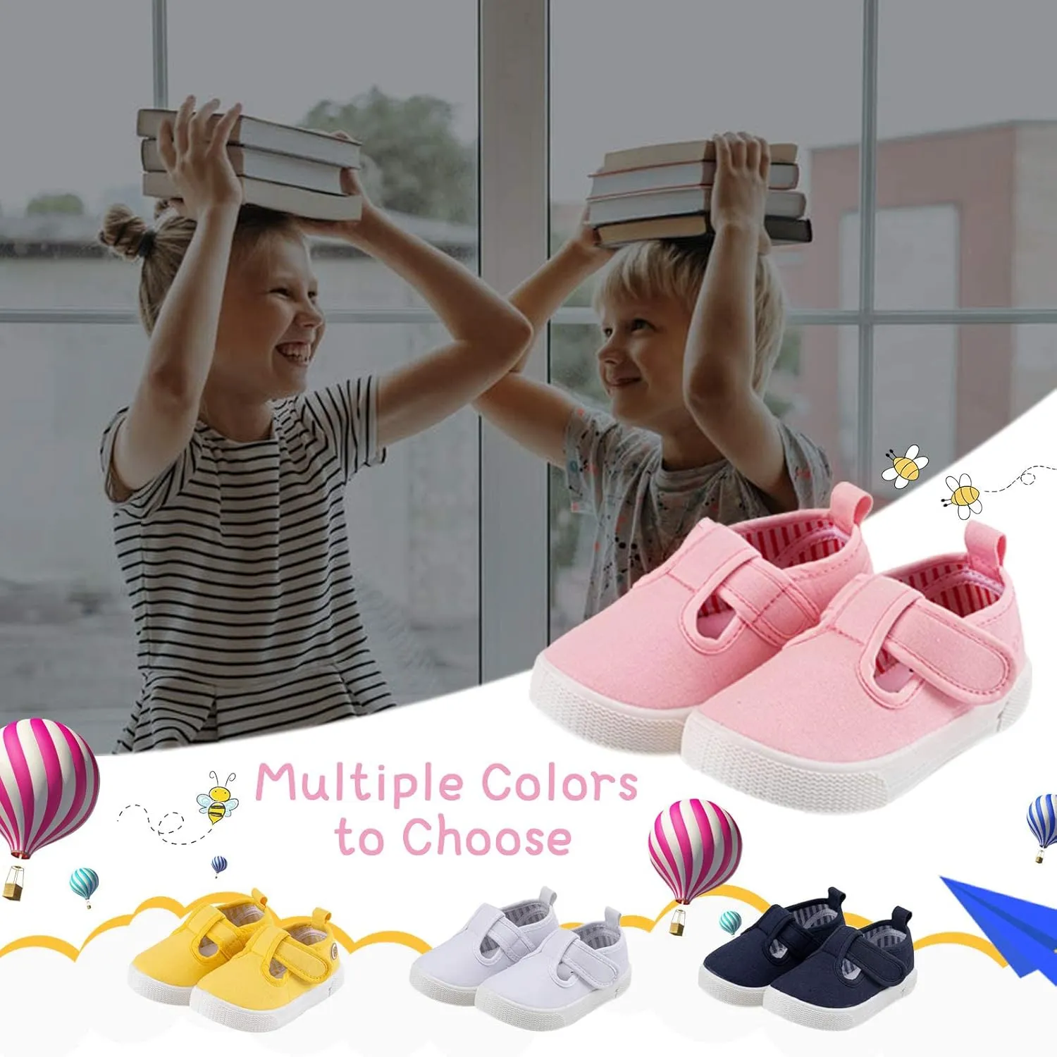 Toddler Boys Girls T-Strap Canvas Sneakers for Little Kids Classical Comfortable Mary Jane Canvas Flats, Non-Slip Casual Canvas Sneaker for Little Kids