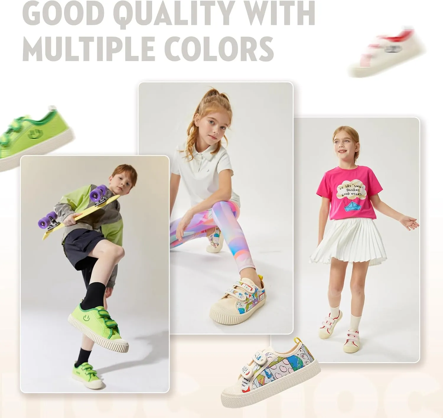 Toddler Shoes for Boys & Girls, Canvas Dual Hook and Loops Sneakers with Candy-Colored Sole
