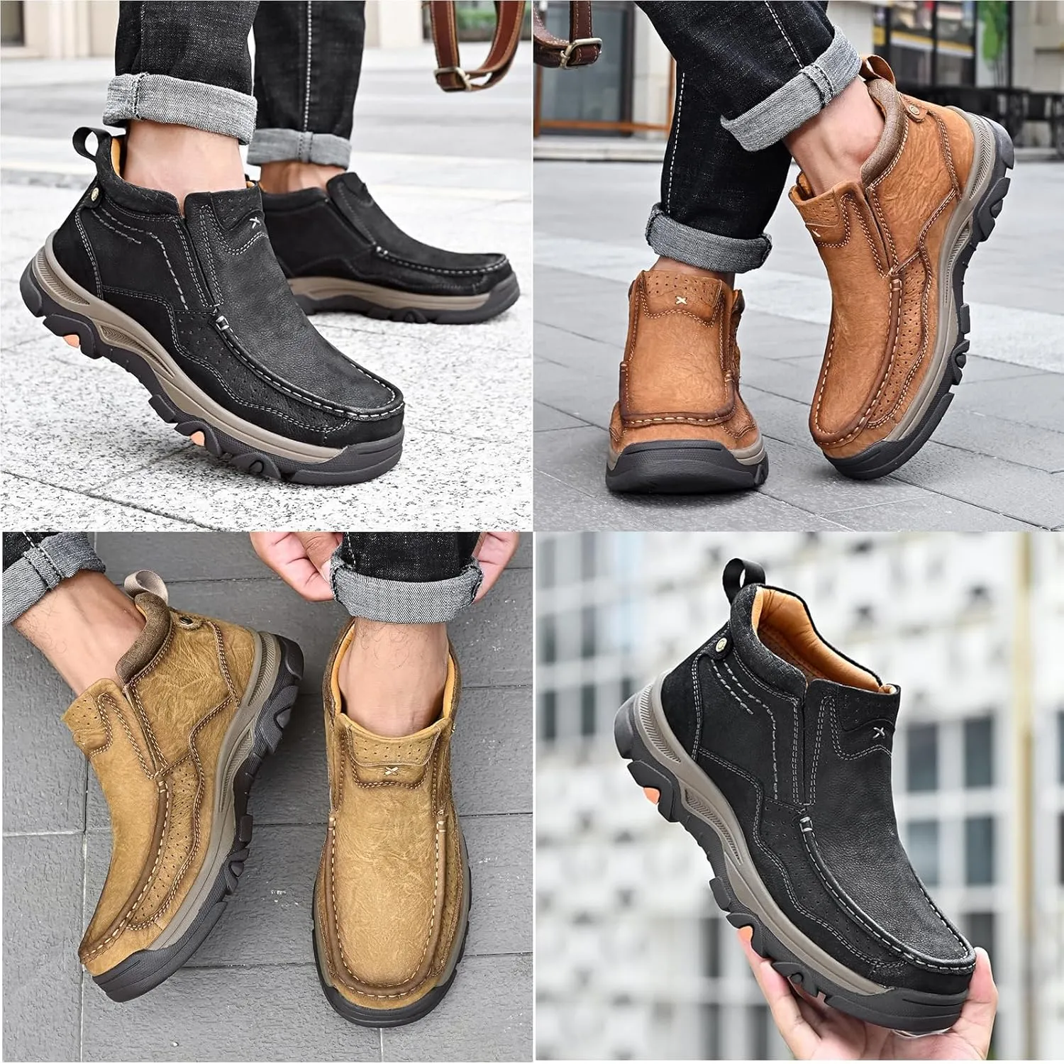 Tokouk Mens Hand Stitching Leather Slip On Ankle Boots, Casual Moccasin Chukka Boots Non-Slip Outdoor Hiking and Driving Loafers