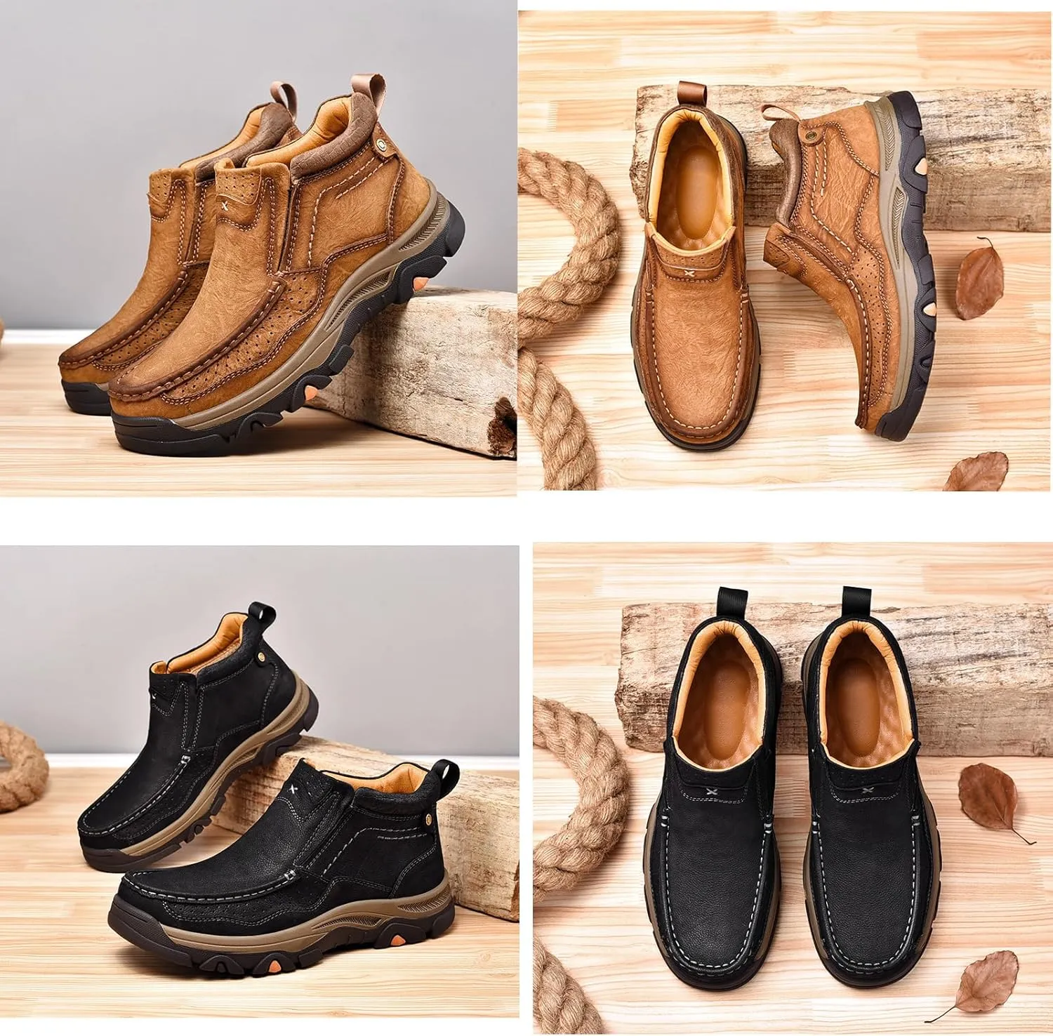 Tokouk Mens Hand Stitching Leather Slip On Ankle Boots, Casual Moccasin Chukka Boots Non-Slip Outdoor Hiking and Driving Loafers