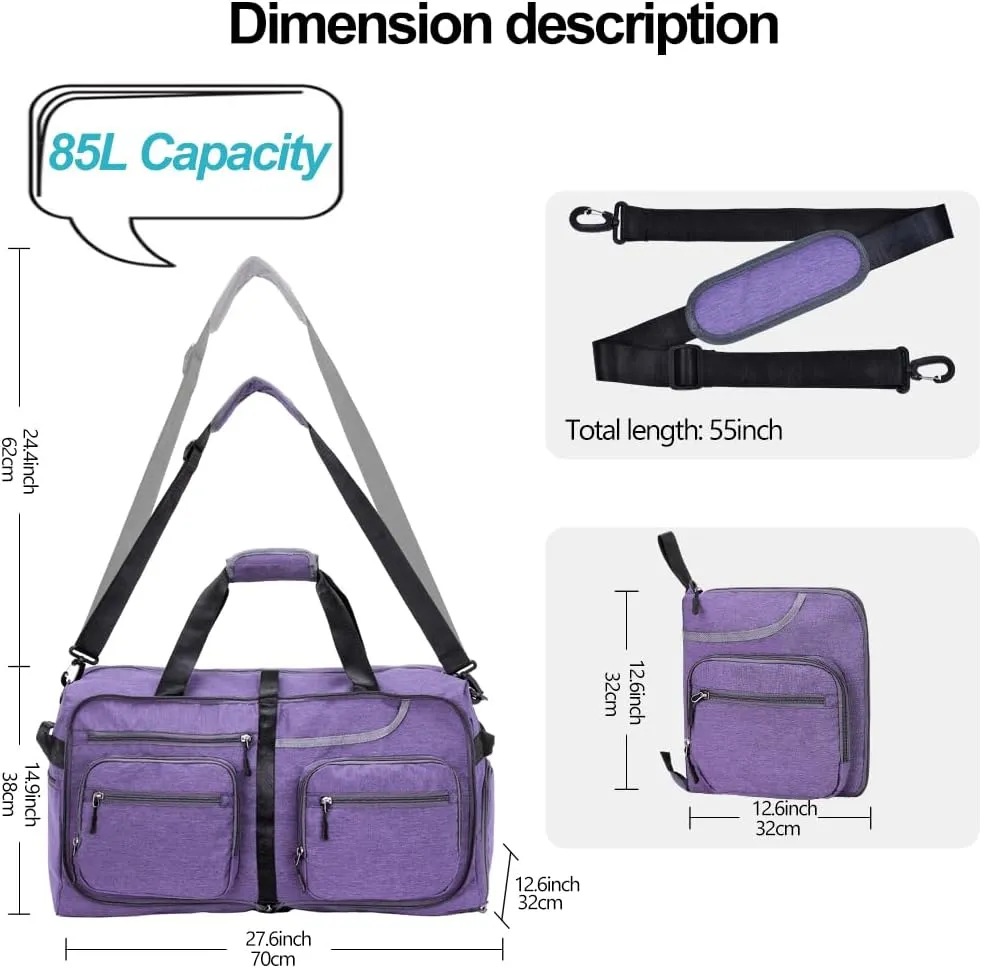Travel Duffel Bag, 65L Foldable Travel Duffle Bag with Shoes Compartment and wet pocket, Waterproof & Tear Resistant