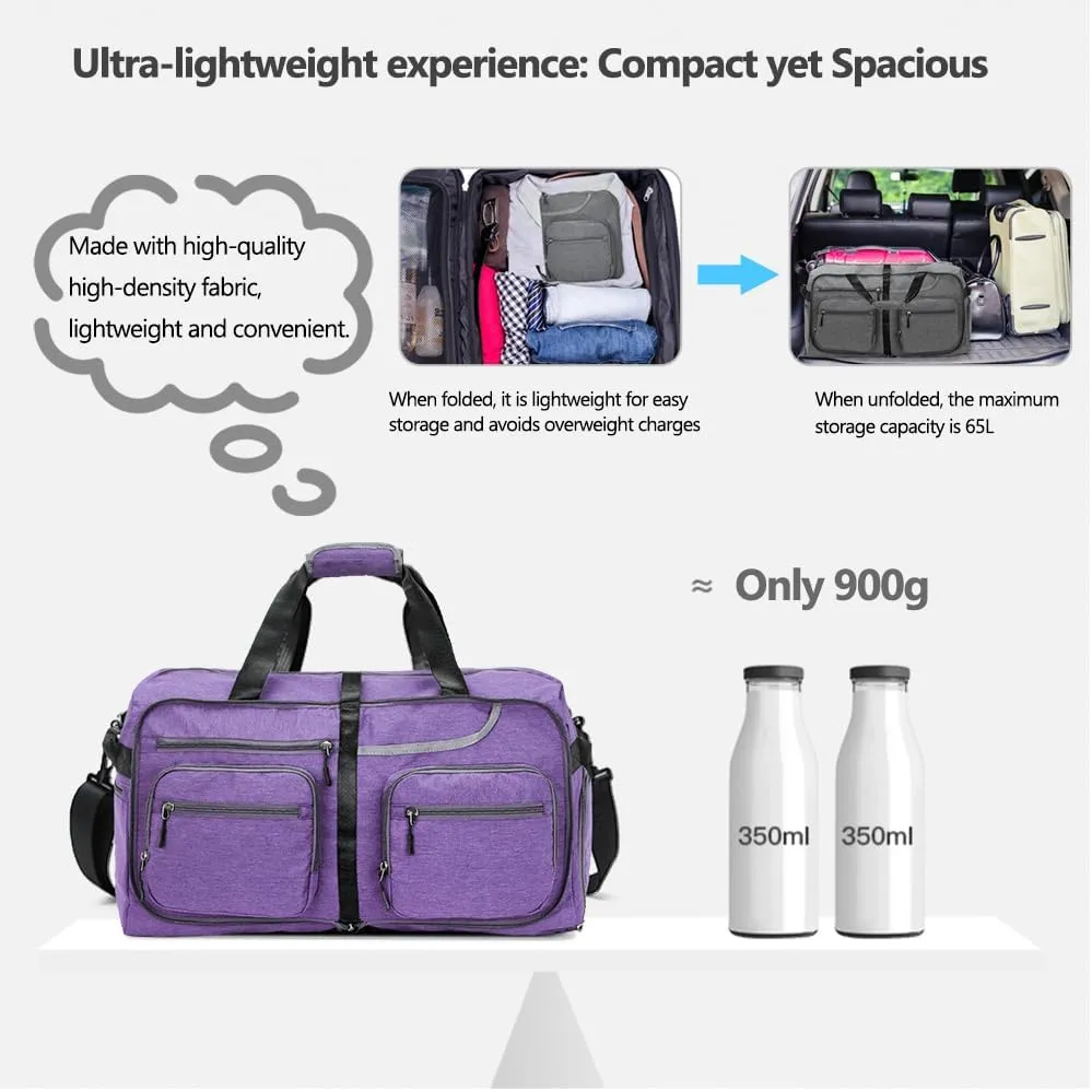 Travel Duffel Bag, 65L Foldable Travel Duffle Bag with Shoes Compartment and wet pocket, Waterproof & Tear Resistant
