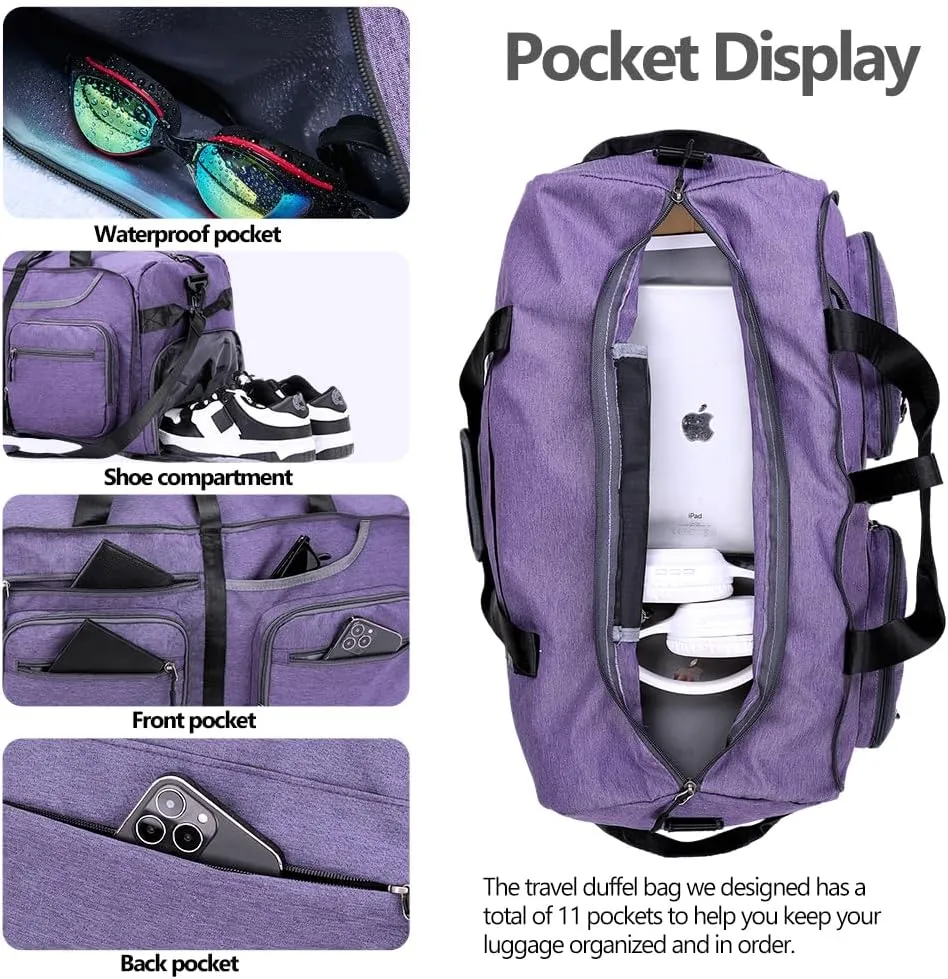 Travel Duffel Bag, 65L Foldable Travel Duffle Bag with Shoes Compartment and wet pocket, Waterproof & Tear Resistant