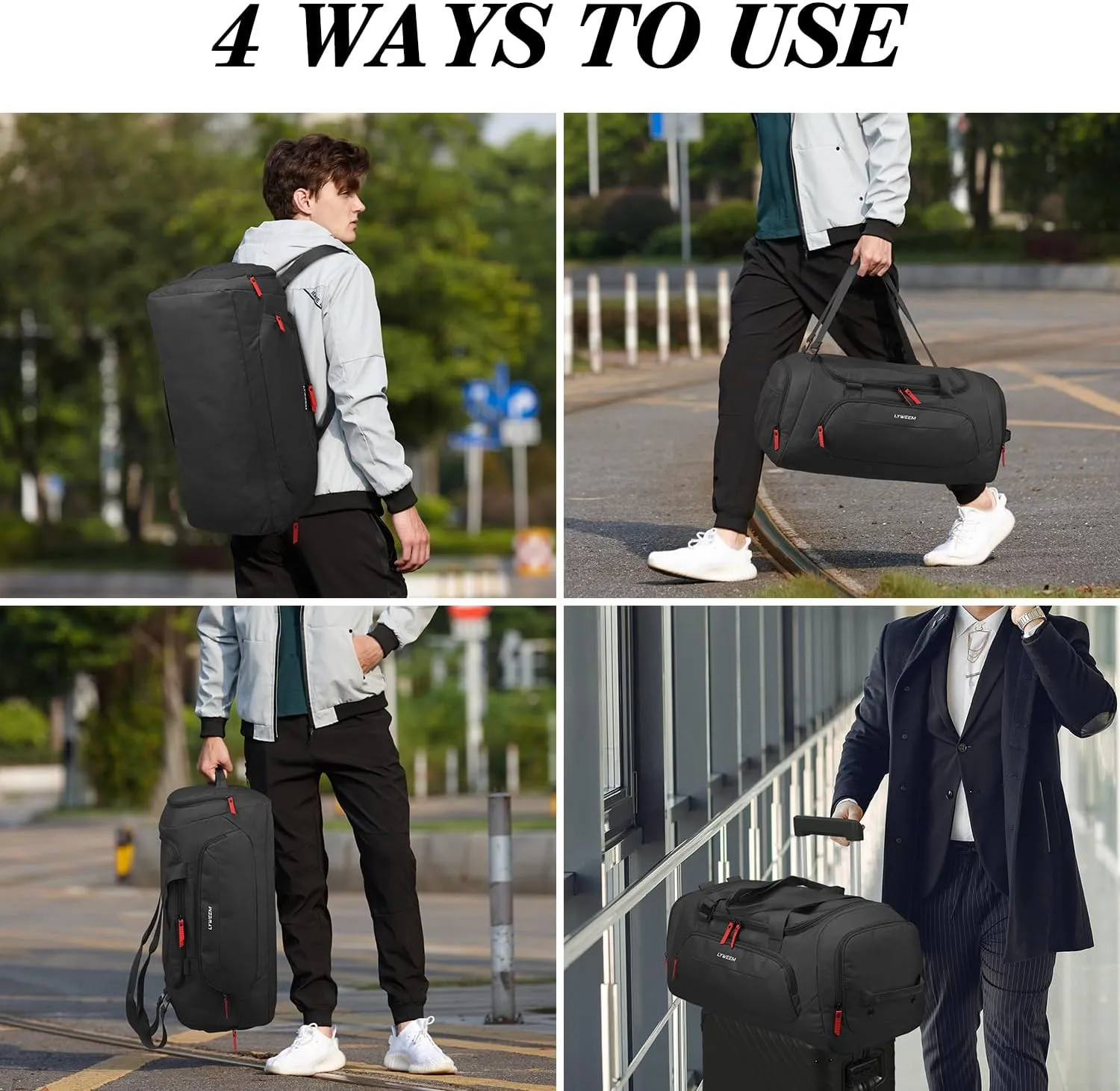 Travel Duffle Bag Men with Shoes Compartment Sports Gym Workout with Wet Pocket 40L Medium 2 In 1 Duffel Backpack for Women Weekender Overnight Bag for Airplane, Black